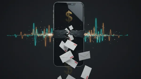 Smartphone cracked open spilling email envelopes as sound waves dissolve, exposing fake AI ad fraud