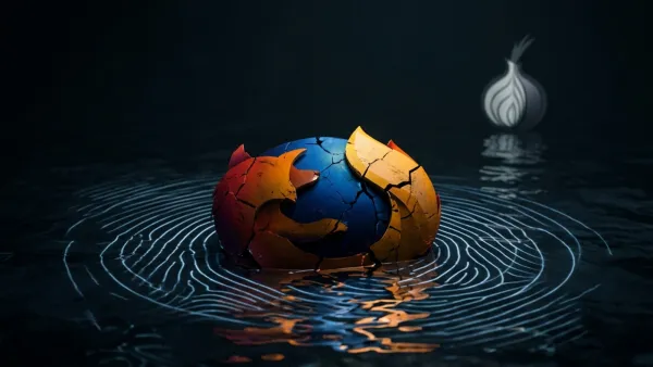 Cracked Firefox logo on dark water with fingerprint ripples, Tor onion in background