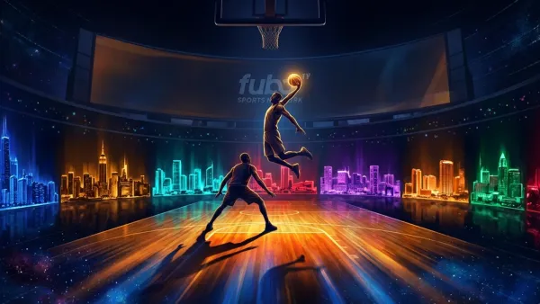 OBL Battle of The Cities players on Fubo Sports Network glowing basketball court