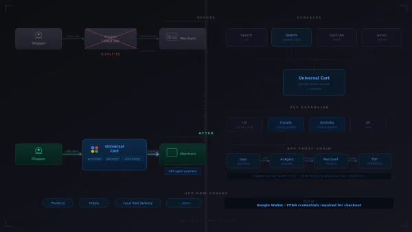 Before/after flow diagram showing Google Universal Cart replacing coupon sites in shopping journey