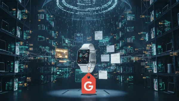 A smartwatch floats inside a data warehouse as Google AI structures its product feed attributes.