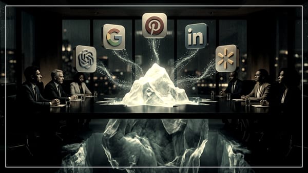 Iceberg rises through boardroom table as OpenAI, Google, Pinterest, LinkedIn, Walmart logos hover.