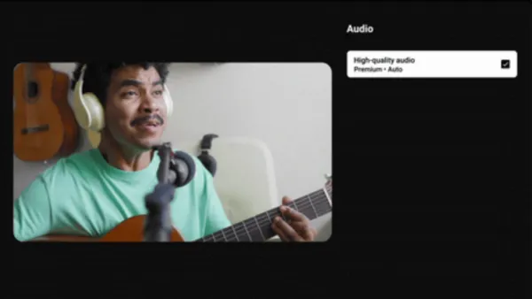 YouTube Premium high-quality audio setting on a smart TV showing the Audio settings panel.