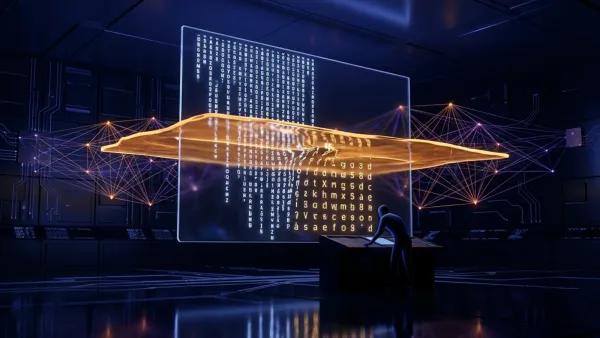 AI filter transforming search query text into rewritten intent signals in a dark control room