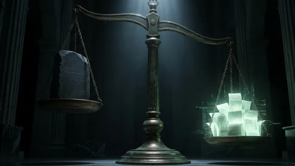 Bronze justice scale weighs ad receipts against Google's monolith in dark courthouse