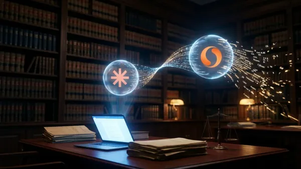 Claude and CoCounsel Legal connected via MCP in a law library holographic data stream