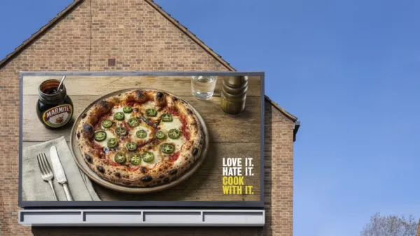 Marmite 'Love It. Hate It. Cook With It.' OOH billboard with jalapeno pizza, UK 2026