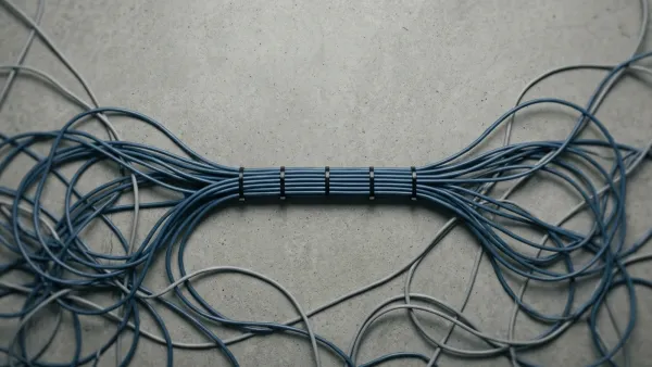 Tangled cables bundled at centre, representing AI bot traffic management strategies for publishers.
