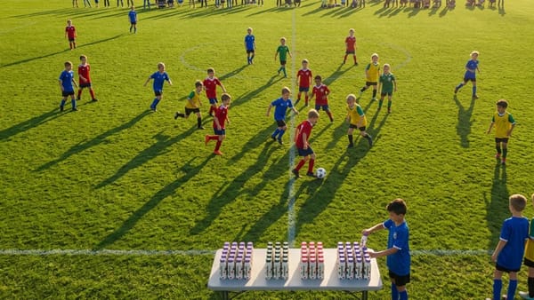 Youth soccer players compete on a sunlit field as Chobani drinks line a sideline table.