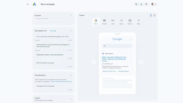 Google Ads campaign setup showing Text Disclaimer field and ad preview for a financial services ad.