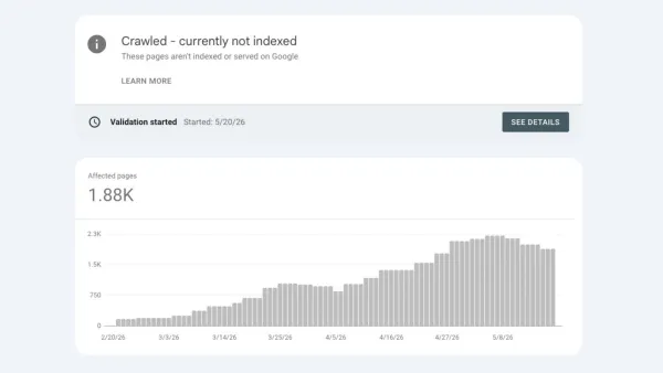 Google Search Console chart showing 1.88K crawled but not indexed pages rising from Feb to May 2026
