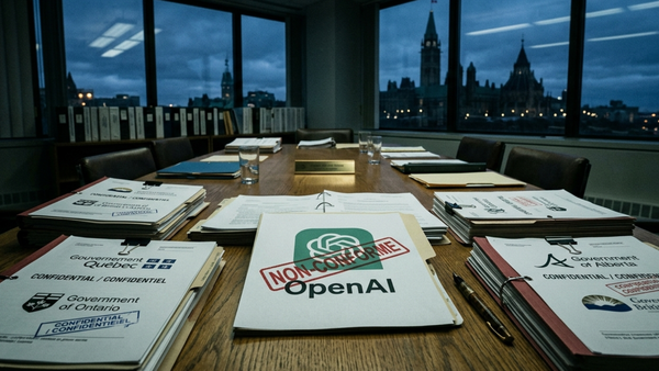 Canadian regulators' OpenAI investigation dossiers on conference table, Parliament in background.