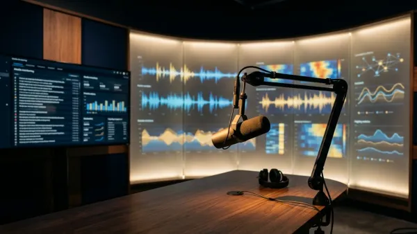 Podcast studio microphone with media monitoring dashboard and audio waveform displays