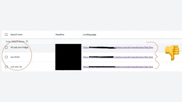 AI Max routes three specific Sub-Zero fridge queries to the same generic manufacturer page.
