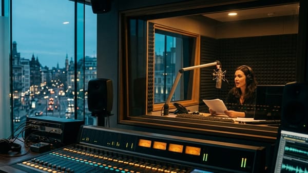 Voice artist recording in a European radio studio at dusk, mixing desk in foreground