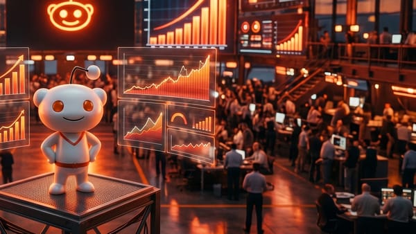 Reddit Snoo mascot on a trading floor with rising ad revenue charts, Q1 2026 earnings