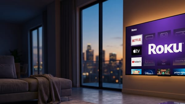Roku home screen on a living room TV showing Netflix, Apple TV, and Prime Video apps