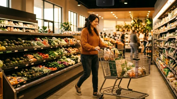 Shopper pushes cart past produce aisle with in-store speaker overhead, Southern California grocery