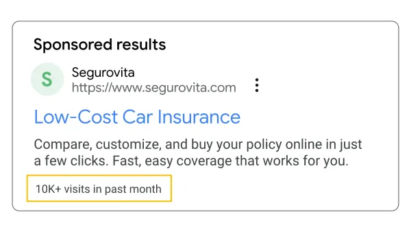 Google Search ad showing 10K+ visits in past month badge for Segurovita insurance