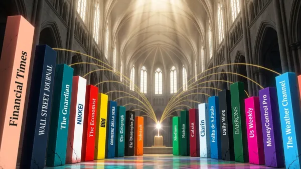Twenty global digital publishers ranked by subscribers inside a cathedral of media power.
