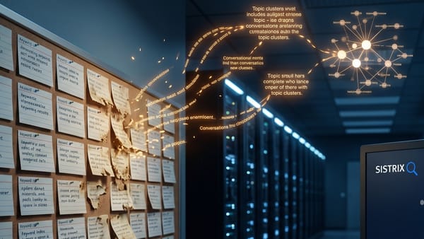 Keyword index cards crumbling as AI topic clusters and SISTRIX node graphs replace search.
