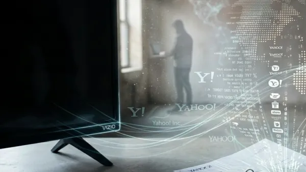 VIZIO smart TV on a concrete surface with Yahoo DSP branding, retail media data partnership