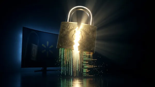 Cracked padlock with Linux penguin engravings releasing source code over a Walmart TV screen.