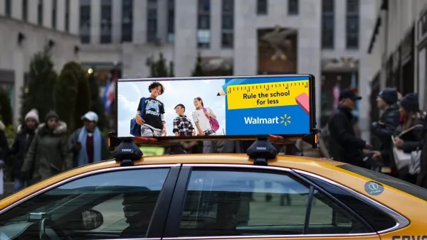 Walmart back-to-school DOOH ad on a New York City taxi cab rooftop screen